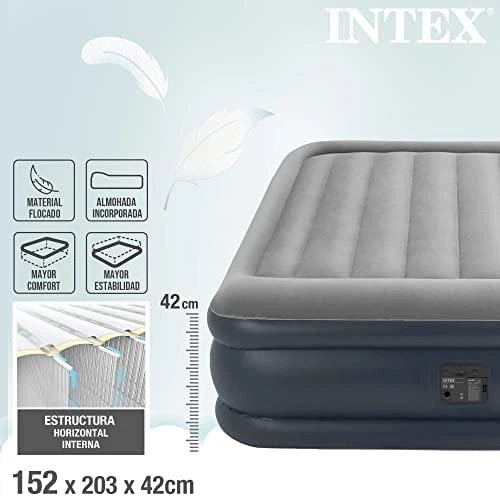 Pripučiamas čiužinys-lova INTEX Queen Deluxe Pillow Rest, Airbed W/Fiber-Tech RP su pompa,152x203x42cm