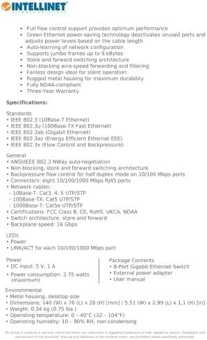 Šakotuvas Intellinet 530347 tinklo komutatorius Gigabit Ethernet (10/100/1000) Juoda