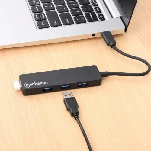 „Manhattan Manhatta“ 4 prievadų USB 3.2 Gen 1 šakotuvas, USB-C nuo 4 USB-A lizdų, 5 Gbps perdavimo sparta, maitinamas autobusu, Juodas, 164924