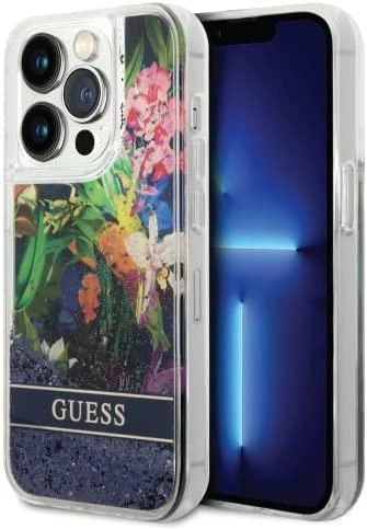 GUESS GUHCP13LLFLSB IPHONE 13 PRO / 13 6.1 "Mėlynas / Mėlynas HARDCASE FLOWER LIQUID GLITTER