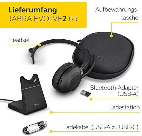 Jabra Evolve2 65 MS Mono Belaidės ausinės, Bluetooth, USB-A, Charging Stovas, Juoda
