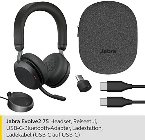 JABRA Evolve2 75 Ausinės on-ear Bluetooth belaidės aktyvus triukšmo slopinimas USB-C noise isolating juodas su charging stand MS Te
