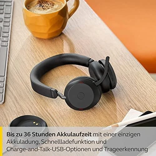 JABRA Evolve2 75 Ausinės on-ear Bluetooth belaidės aktyvus triukšmo slopinimas USB-A noise isolating juodas su charging stand MS Te