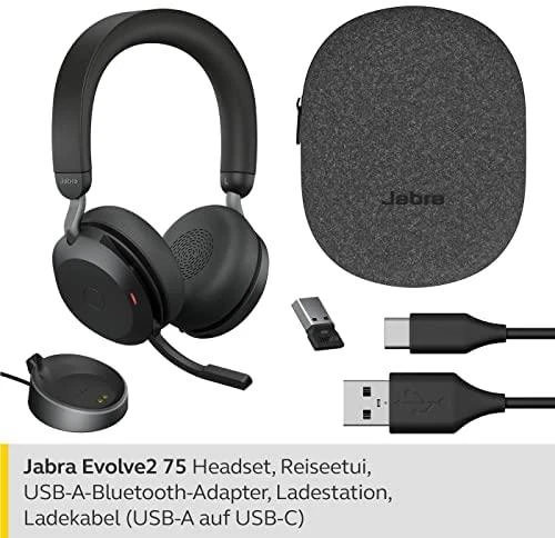 JABRA Evolve2 75 Ausinės on-ear Bluetooth belaidės aktyvus triukšmo slopinimas USB-A noise isolating juodas su charging stand MS Te