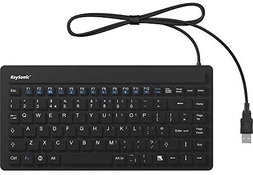 Keysonic KSK-3230 IN Klaviatūra, Antimikrobinė silikoninė apsauga; 100 % atsparus vandeniui, atitinka IP68 standartą; Atsparus spausdinimas apsaugo klavišus nuo blukimo, Anglų kalba, su laidomis, Juodas