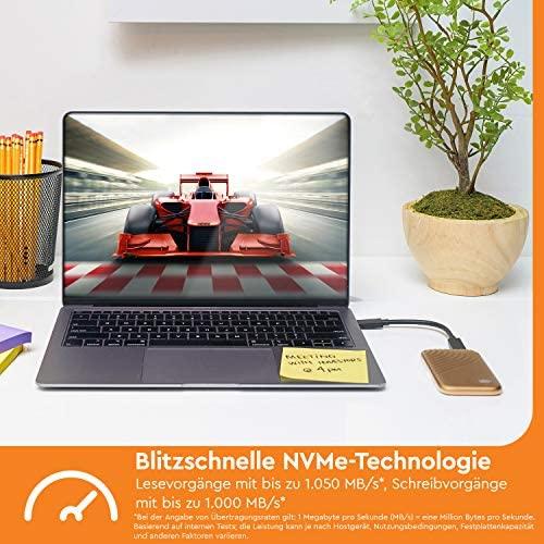 Kietasis diskas Western Digital „Sandisk WD 1TB My Passport SSD“ – nešiojamas SSD diskas, kurio skaitymo ir įrašymo greitis – 1050 MB/s, o įrašymo – 1000 MB/s, USB 3.2 Gen 2 – auksinis, EAN: 619659183981