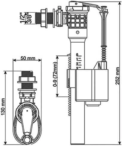KKPol Universalaus dydžio tualeto nuleidimo vožtuvas su šoniniu tiekimu 1/2" + 3/8" ZN3/124/0/T