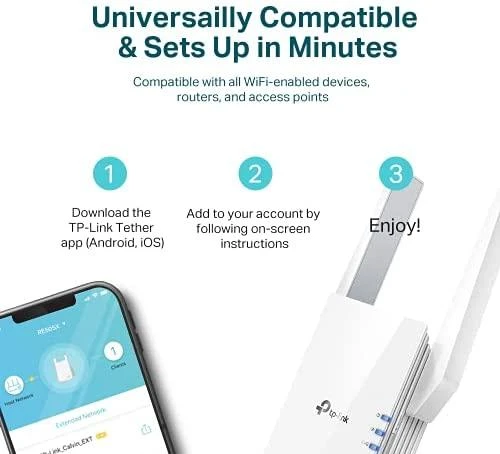 TP-LINK AX1500 „Wi-Fi 6“ diapazono plėtiklis „Broadcom 1.5GHz“ trijų branduolių procesorius, 2 išorinės antenos, jungiamas prie sienos.