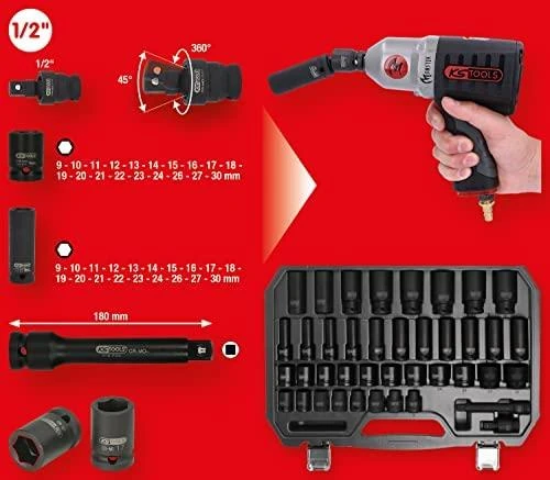 Smūginių galvučių rinkinys 1/2" ilgos ir trumpos 9-30mm 40pcs, KS Tools