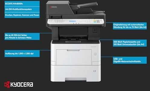 Kyocera ECOSYS MA4500ix Spausdintuvas lazerinis MFP nespalvotas A4 45 ppm Tinklinis LAN WLAN USB