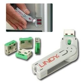 USB Priedas - LINDY USB A Prievado Blokatorius 4 vnt. + Raktas, 55x19x12mm, Žalias