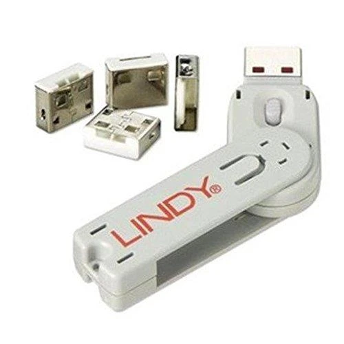 USB Priedas - LINDY USB A Prievado Blokatorius 4 vnt., Raktas, Baltas