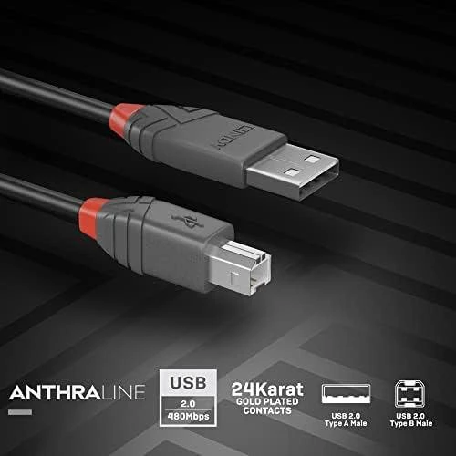 USB Kabelis - LINDY Anthra Line USB 2.0 Type A į B Laidas, 2 m, Juodas