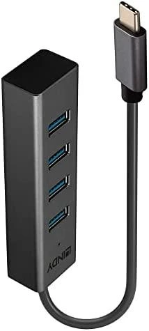 USB Hub - LINDY 4 Portų USB 3.2 Gen 1 Type C Hub, 5 Gbps, Duomenų Perdavimui, 30 cm Kabelis, Juodas
