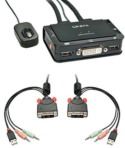 Lindy KVM Jungiklis - 2 Port DVI-D USB 2.0 Garso KVM 1920x1200@60Hz