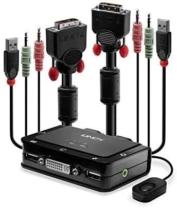 Lindy KVM Jungiklis - 2 Port DVI-D USB 2.0 Garso KVM 1920x1200@60Hz