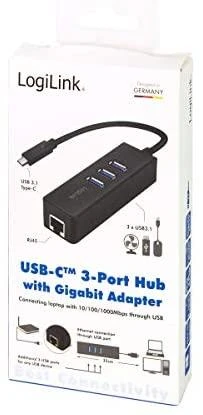 LOGILINK UA0283 LOGILINK – USB 3.0 tipo c į gigabitą adapteris prie 1x RJ45 ir 3x USB 3.0 tipo A
