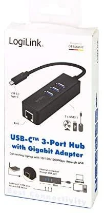 LOGILINK UA0283 LOGILINK – USB 3.0 tipo c į gigabitą adapteris prie 1x RJ45 ir 3x USB 3.0 tipo A
