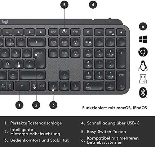 Logitech MX Keys Combo verslui Gen 2 Belaidė klaviatūra ir pelė + Atrama riešui, DE, Graphite