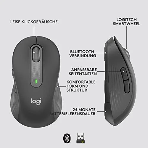 LOGITECH Signature M650 verslui Optinė pelė 5 mygtukai wireless Bluetooth 2.4 GHz Bolt USB receiver graphite