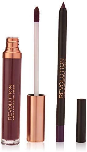 Rinkinys „Makeup Revolution“: „Retro Luxe Matte“ skysti lūpų dažai „Royal“ 5,5 ml + „Retro Luxe“ lūpų pieštukas „Royal“, 1 g