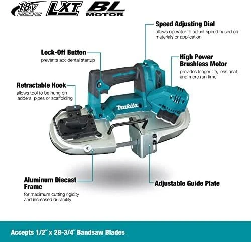 Makita DPB183Z Akumuliatorinis juostinis pjūklas, 66x66 mm,18V, aliuminio, Be akumuliatorių ir kroviklio!