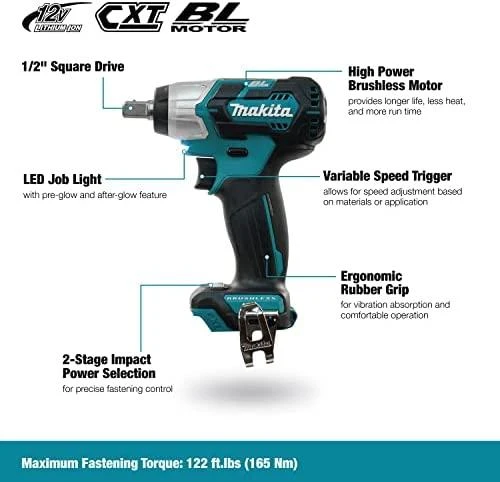Makita TW161DZ Akumuliatorinis smūginis veržliasukis, 1/2", 12V MAX, 165 Nm, BL-motor, Be akumuliatorių ir kroviklio!