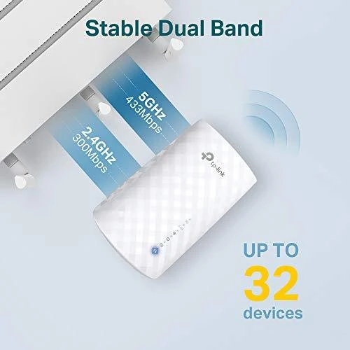 TP-LINK AC750 Wi-Fi diapazono plėstuvas prie sienos prijungtas 3 vidinės antenos 433Mbps esant 5GHz + 300Mbps esant 2,4GHz diapazono plėstuvo režimui WPS