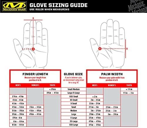 Mechanix Wear pirštinių dydžių lentelė