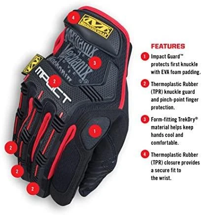 Mechanix Wear Pirštinės Mechanix M-Pact® 52 juodos/raudonos Ldydis. Velcro, TrekDry®, dirbtinė oda, delno, krumplių, Armortex®, pirštų apsauga, D30® apsauga nuo vibracijos
