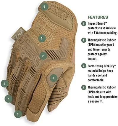 Mechanix M-Pact Coyote taktinės pirštinės su techninių dalių schema