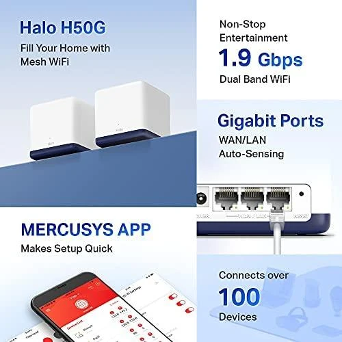 Maršrutizatorius TP-Link „Mercusys“ | AC1900 viso namo tinklinio „Wi-Fi“ sistema | „Halo H50G“ (2 vnt.) | 802.11ac | 600+1300 Mbps | Ethernet LAN (RJ-45) jungtys 3 | Tinklo palaikymas: Taip | MU-MiMO: Taip | Mobilusis plačiajuostis ryšys: Be