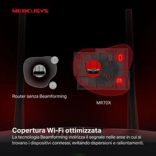 TP-Link Mercusys | AX1800 Dual-Band WiFi 6 Maršrutizatorius | MR70X | 802.11ax | 1201+574 Mbit/s | 10/100/1000 Mbit/s | Ethernet LAN (RJ-45) jungtys 3 | Tinklelio atramos Nr. | MU-MiMO Taip | Nėra mobiliojo plačiajuosčio ryšio | Antenos tipas 4xFiksuota