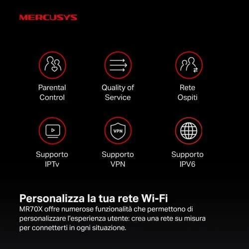 TP-Link Mercusys | AX1800 Dual-Band WiFi 6 Maršrutizatorius | MR70X | 802.11ax | 1201+574 Mbit/s | 10/100/1000 Mbit/s | Ethernet LAN (RJ-45) jungtys 3 | Tinklelio atramos Nr. | MU-MiMO Taip | Nėra mobiliojo plačiajuosčio ryšio | Antenos tipas 4xFiksuota