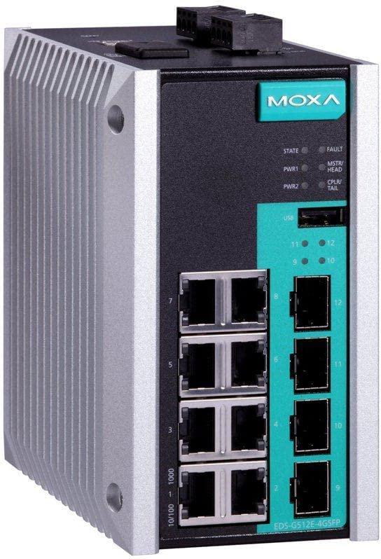 Šakotuvas Moxa Technologies „Moxa Industrial“ valdomas redundantas E EDS-G512E-4GSFP-T 8x10/100/100 - komutatorius - 1 Gbps