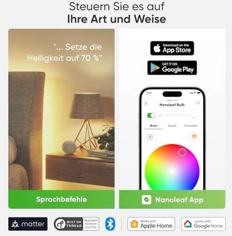 Nanoleaf Essentials Smart A60 lemputė E27 Matter 9W 806Lm RGBCW 2700-6500K, 3vnt pakuotė | E27 | 8,5 W | RGBCW | Bluetooth, siūlai