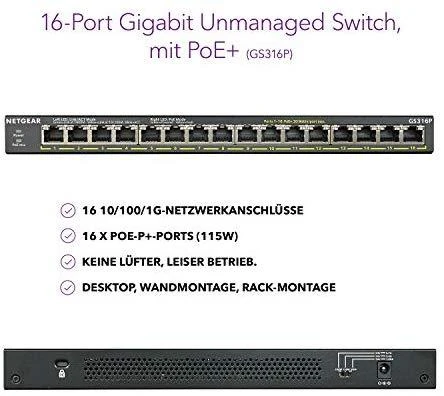 Netgear GS316P Ne-valdomas Gigabit Ethernet (10/100/1000) Juoda Maitinimas per Eternetą (PoE)