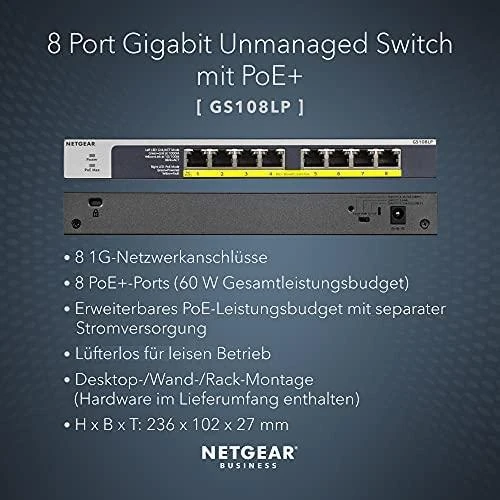 Šakotuvas Netgear GS108LP Ne-valdomas Gigabit Ethernet (10/100/1000) Juoda, Pilka 1U Maitinimas per Eternetą (PoE)