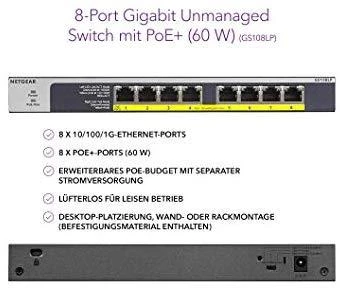 Šakotuvas Netgear GS108LP Ne-valdomas Gigabit Ethernet (10/100/1000) Juoda, Pilka 1U Maitinimas per Eternetą (PoE)
