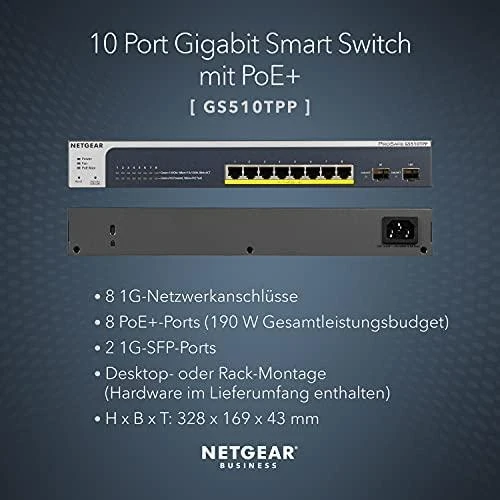Šakotuvas Netgear Switch GS510TPP žiniatinklio valdymas, montuojamas ant stovo, 1 Gbps (RJ-45) jungčių kiekis 8, SFP jungčių kiekis 2, PoE+ jungčių kiekis 8, maitinimo tipas vienas