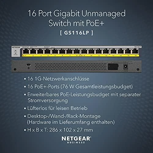 Šakotuvas Netgear GS116LP Ne-valdomas Gigabit Ethernet (10/100/1000) Juoda Maitinimas per Eternetą (PoE)