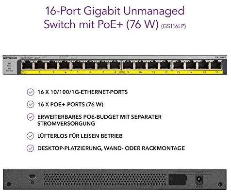 Šakotuvas Netgear GS116LP Ne-valdomas Gigabit Ethernet (10/100/1000) Juoda Maitinimas per Eternetą (PoE)