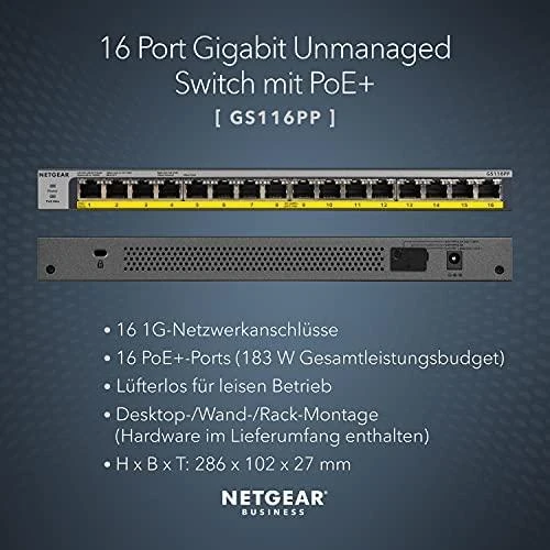 Jungiklis PoE NETGEAR GS116PP-100EUS (16x 10/100/1000Mbps)