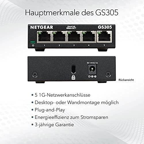 Šakotuvas Netatmo Netgear jungiklis GS305-300PES nevaldomas, stalinis kompiuteris, 1 Gbps (RJ-45) prievadų kiekis 5, maitinimo tipas vienas