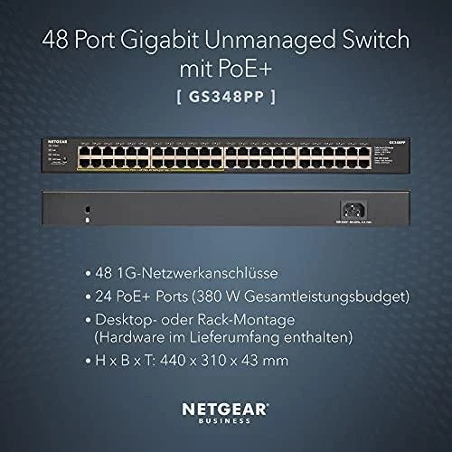 Serveris Netgear GS348PP Ne-valdomas Gigabit Ethernet (10/100/1000) Juoda Maitinimas per Eternetą (PoE)
