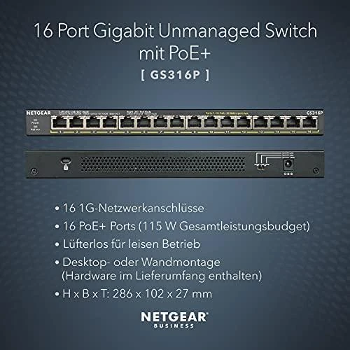 Netgear GS316P Ne-valdomas Gigabit Ethernet (10/100/1000) Juoda Maitinimas per Eternetą (PoE)