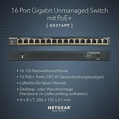 Šakotuvas Netgear GS316PP Ne-valdomas Gigabit Ethernet (10/100/1000) Juoda Maitinimas per Eternetą (PoE)