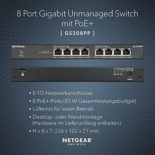 Šakotuvas Netgear GS308PP Ne-valdomas Gigabit Ethernet (10/100/1000) Juoda Maitinimas per Eternetą (PoE)