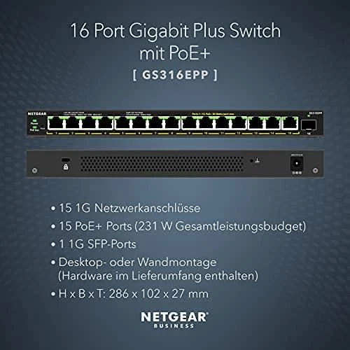 Šakotuvas NETGEAR 16PT GE Plus komutatorius su didelio galingumo POE+