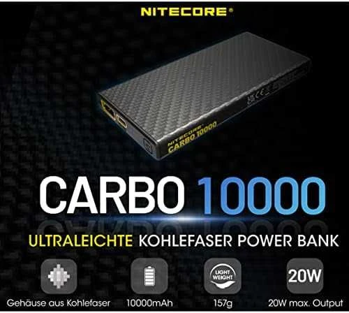 Nitecore 10000mAh anglies pluošto 20W išorinė baterija CARBO10000